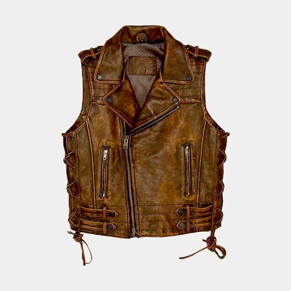 MEN'S CLASSIC DISTRESSED BROWN BIKER MOTORCYCLE CONCEALED CARRY LEATHER VEST